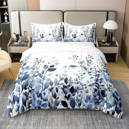 100% Cotton Blue And Grey Comforter Cover, Floral Duvet Cover Twin Size, Teal Plant Bedding Set, Botanical Nature Leaf Quilt Cover, Branch Flowers Bed Cover for Kids Girls Women Bedroom Decorative