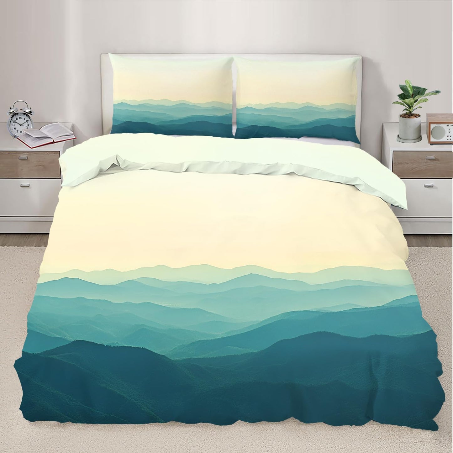 PAISUOQ Mountain Bedding, Misty Mountains Comforters Queen Size, Natural Landscapes Duvet Cover with 2 Pillowcases, 3 Pieces with Zipper & Ties, Home Decor & Gifts