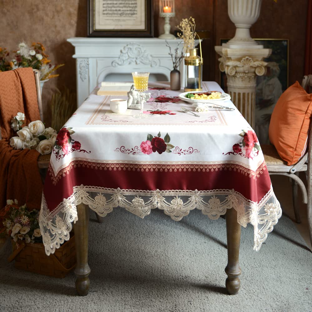 SUTAVIA Lace Embroidered Table Cloth,Rectangular Farmhouse TableCover,Classic Oblong Antique Flower Decor Macrame Tablecloth (Burgundy, Rectangle/Oblong, 52 x 70 Inch,4-6 Seats)