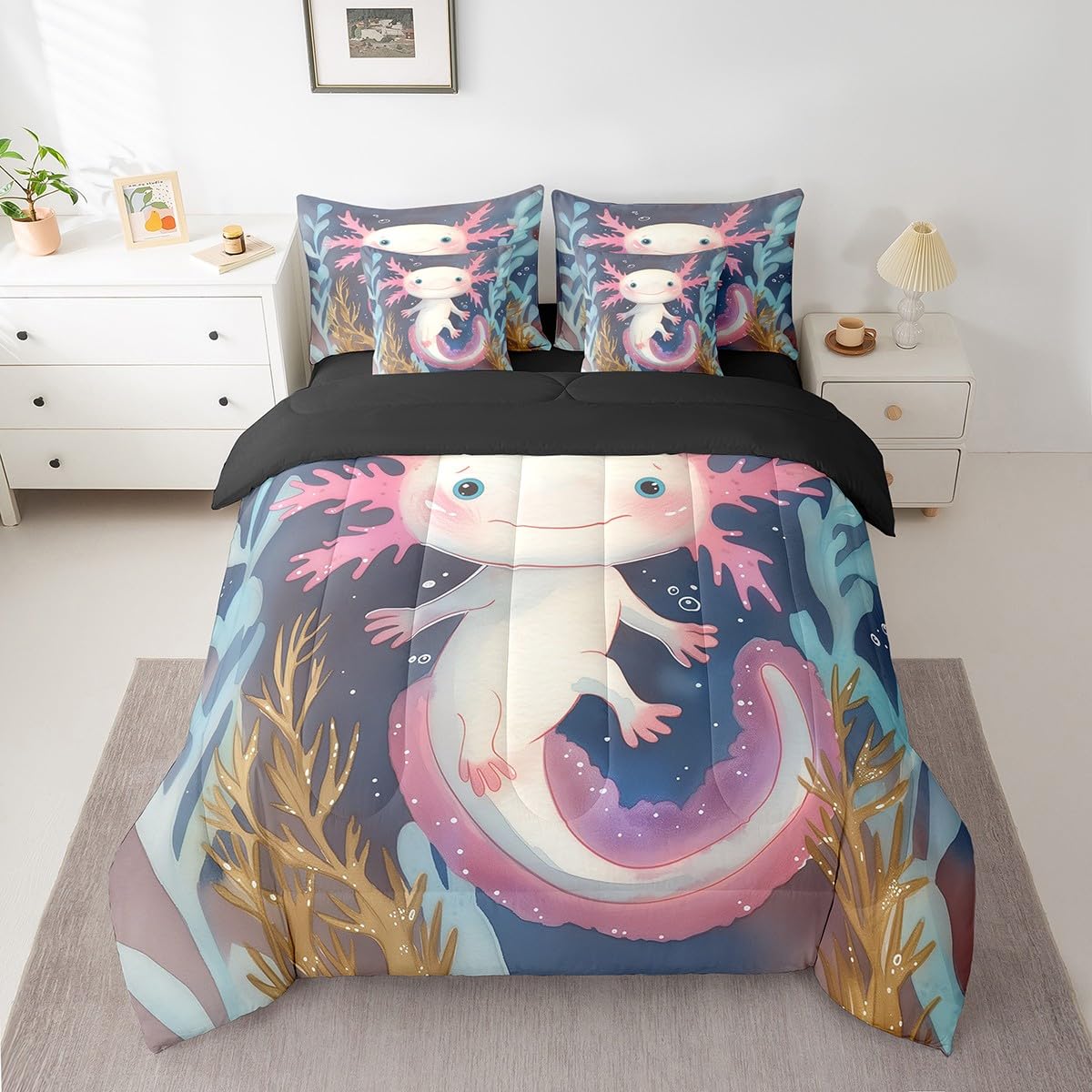 Erosebridal Cute Axolotl Kawaii Comforter Set 7 Piece Bed in a Bag Twin,Cartoon Walking Fish Bedding Sets Ocean Reptile Comforter and Sheet Set,Nautical Sea Animal Bed Set