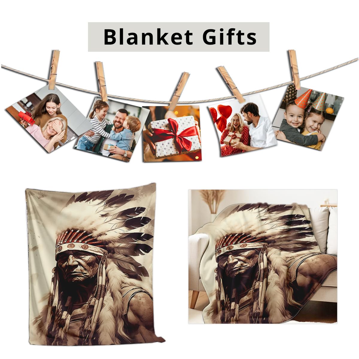 HUNXIAOJ Native American Blankets for Men Indian Print Blankets and Throws for Couch Bed Room Home Western Decor Flannel Throws Queen Size Native American Indian Gifts (49"x59")