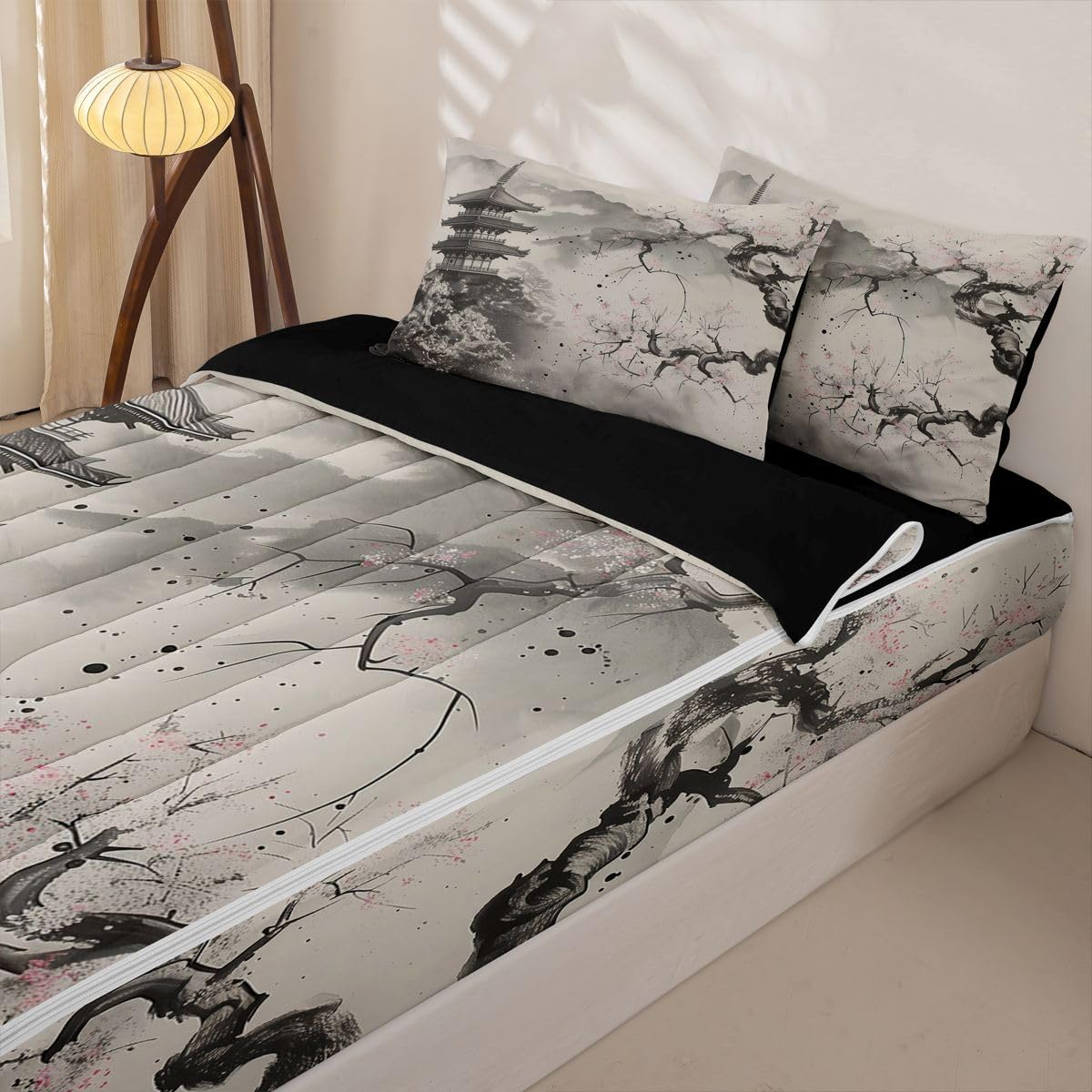 Erosebridal Grey Japanese Kids Comforter Set Full Ink Painting Style Cherry Blossom Zipper Bedding Sets for Boys Girls Teen Mountain Pavilions 3 Pcs Bed in a Bag Set Vintage Aesthetic Zip Up Bedding