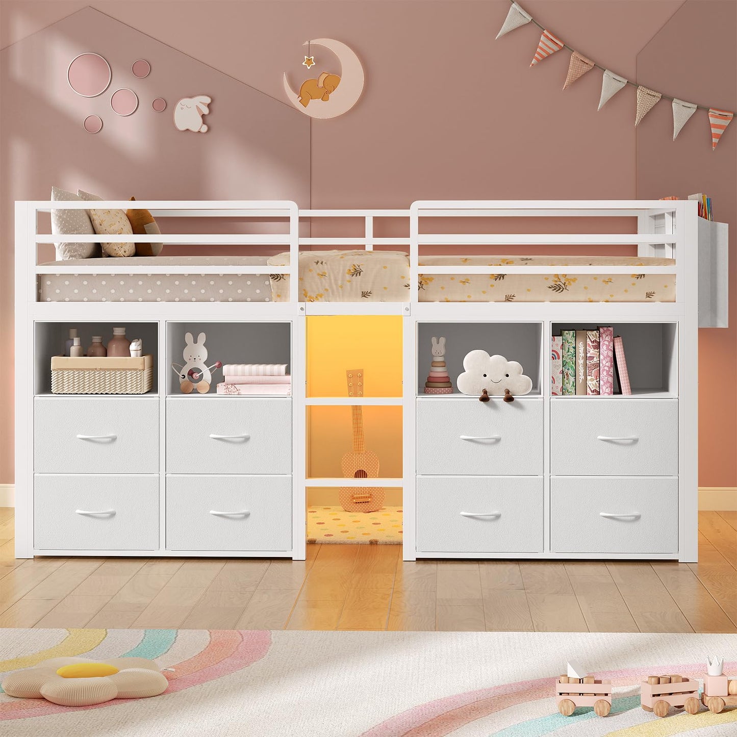 ADORNEVE Low Loft Bed Twin Size with 8 Storage Drawers, Twin Loft Bed with Bookcase and LED Lights, Metal Kids Loft Bed with 14" H Safety Guardrail, Under-Bed Play Space, No Box Spring Needed, White