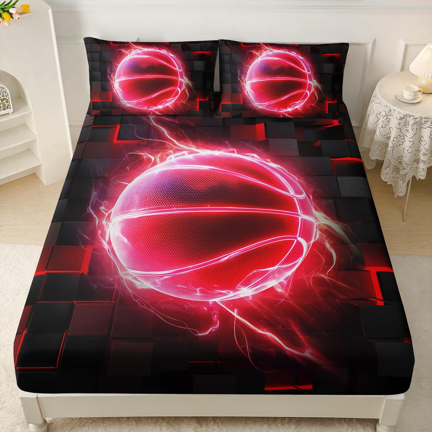 HOSIMA Basketball Fitted Sheet Twin,Basketball Wrapped in Flames,Black Red Geometric Background Pattern Cool Extreme Sports Bedding for Kids Boys Room Decor,1 Fitted Sheet+2 Pillowcases.