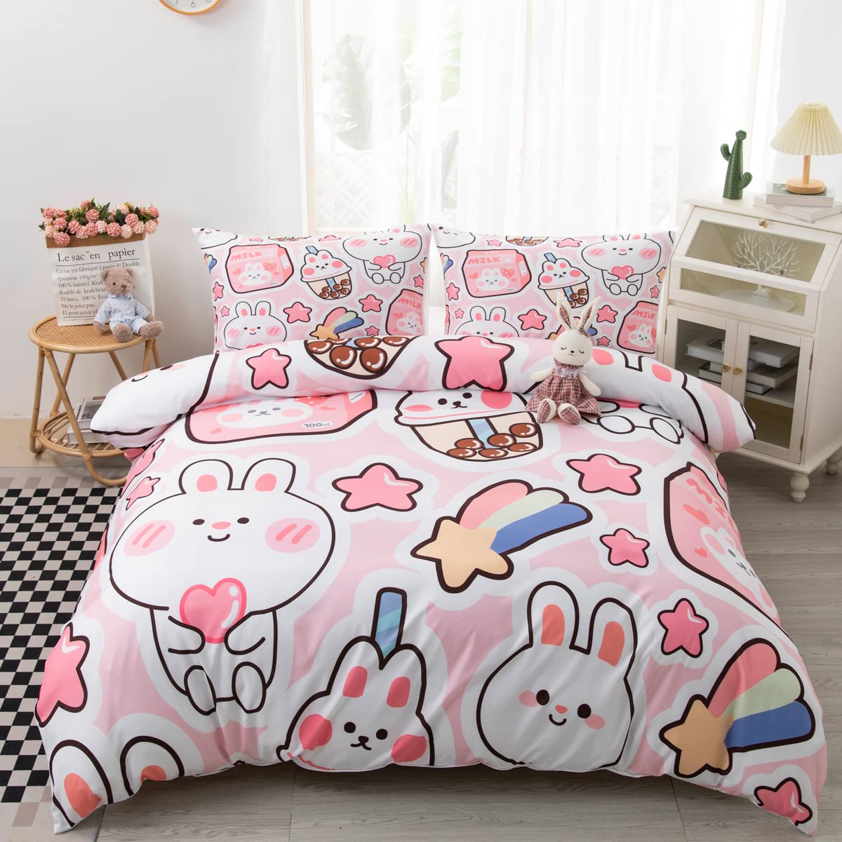 CVHOUSE Kawaii Bedding Set King Size,Cute Rabbit Bed for Girls Kids Teens,Pink Comforter Cover Soft,Kawaii Duvet Set,Girls Room Decor Quilt King 90'x102'