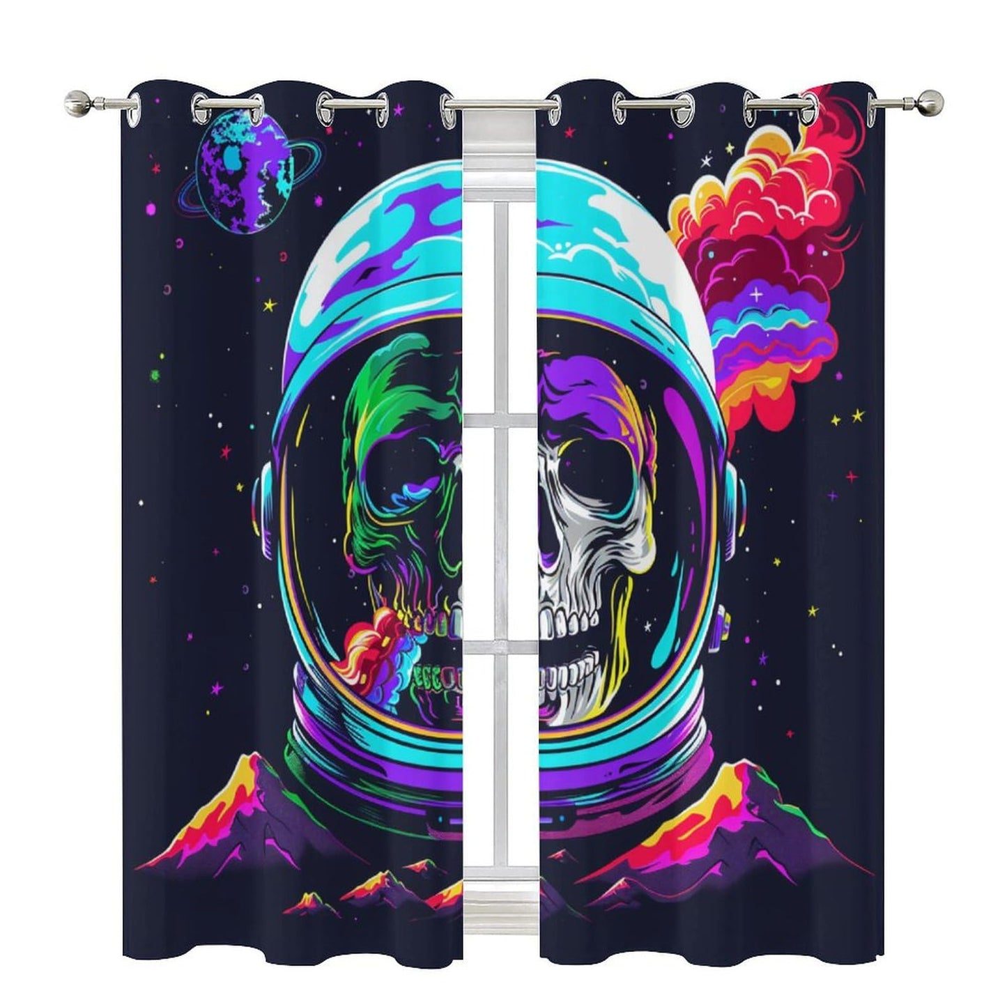 HDESDIS Abstract Gothic Skeleton Curtains for Bedroom, Skull Space Star Astronaut Grommet Blackout Curtains Thermal Insulated Window Drapes for Living Room, 21W x 45L, 2 Panels