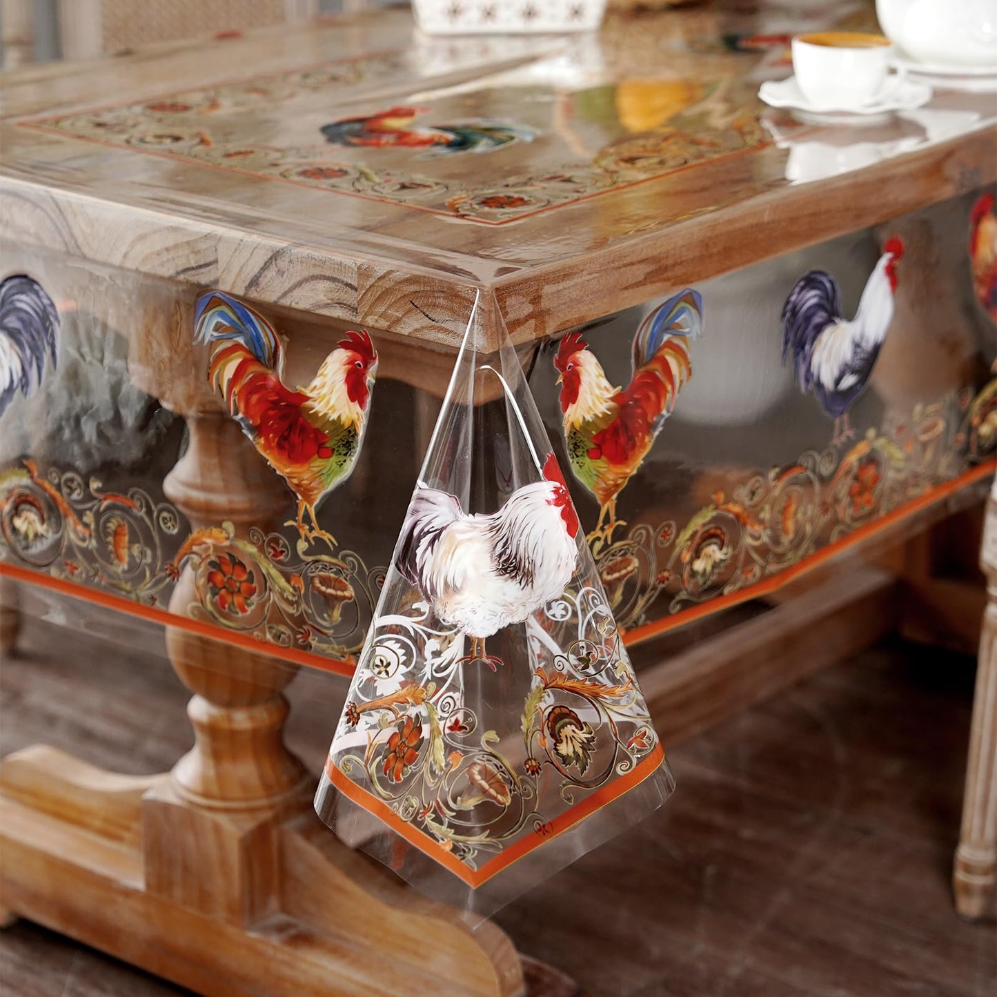 Artbloss Clear Table Cover Protector Vinyl Table Cloth Oil Spill Proof Vintage Rustic Plastic Table Covers for Dining Tables (Roosters, 60 x 84 Inches)