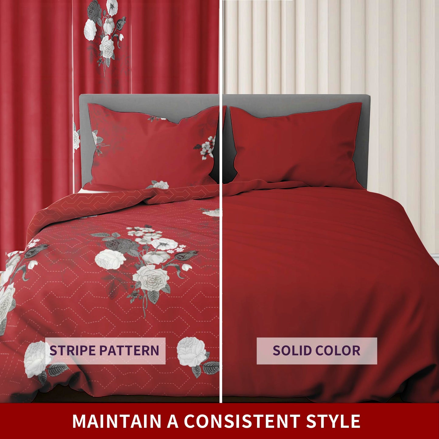 Deepsleep Queen Bedspread Set 9 Pieces, All Season Luxury Bed in a Bag for Bedroom, with 2 Pillowcases and 6 Curtains, Ultra-Soft Microfiber for Complete Bedroom Decor, Red and White Floral