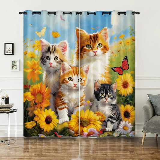 AILONEN Kids Cute Cat Window Curtain,Kawaii Kitten Curtain Tiers for Bedroom,Cat Lover's Animal Sunflower Design Window Treatments Drapes for Kids Girls, 42" W x 63" H (2 Panels)