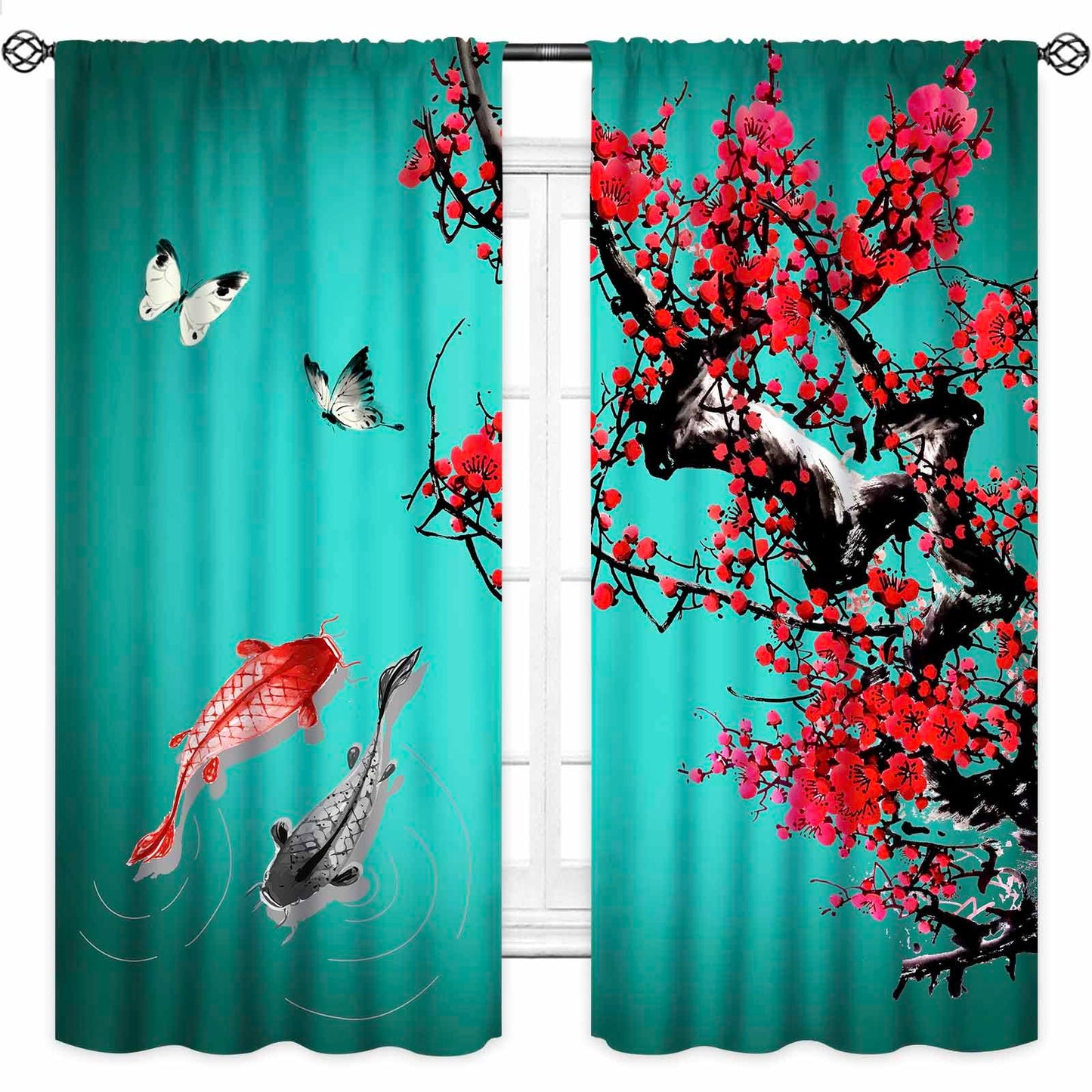 Lnepty Koi Fish Curtains,Asian Style Traditional Japanese Koi Carp Fish Cherry Blossoms Printed Green Retro Landscape Window Drapes Treatments for Bedroom Living Room 21" W x 45" L,2 Panel Set
