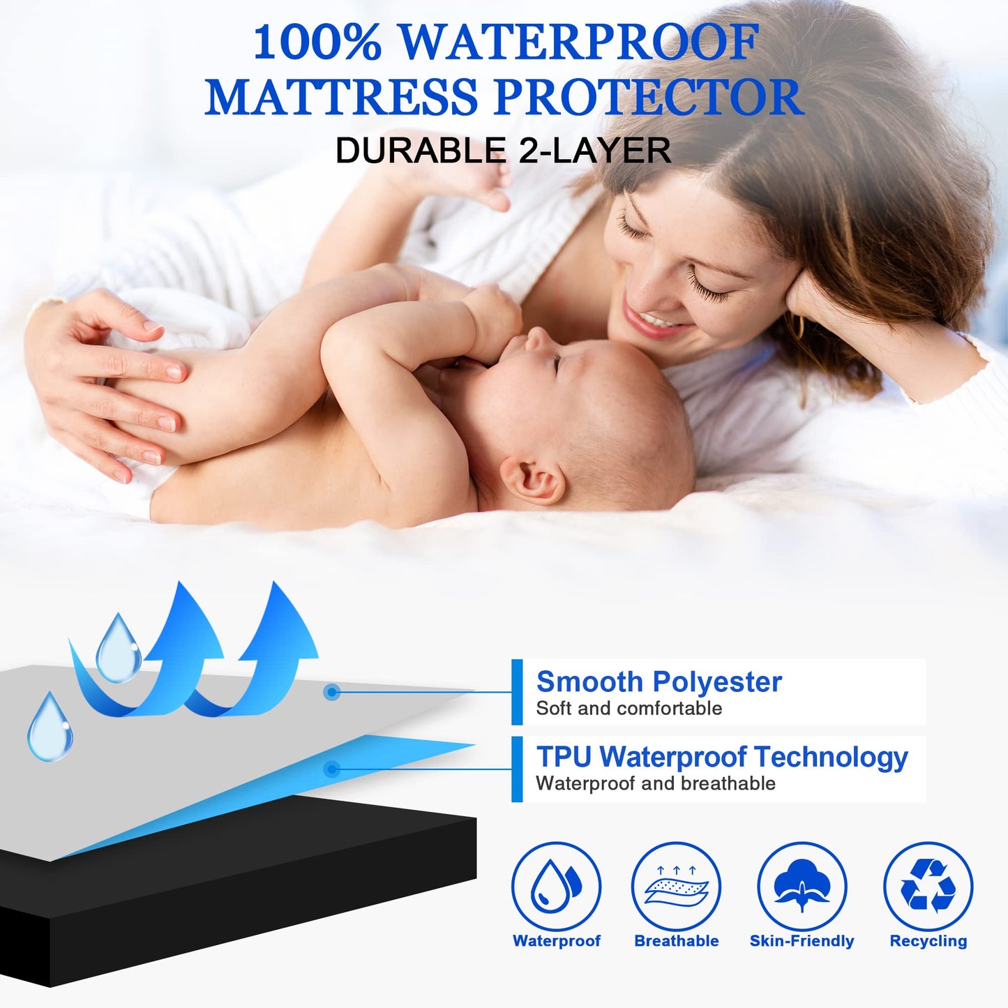 Sufdari Mattress Protector,Waterproof 18" Deep Pocket Mattress Cover Fitted Sheet Style with Elastic Rubber Band,Washable and Easy Care-Black,Queen