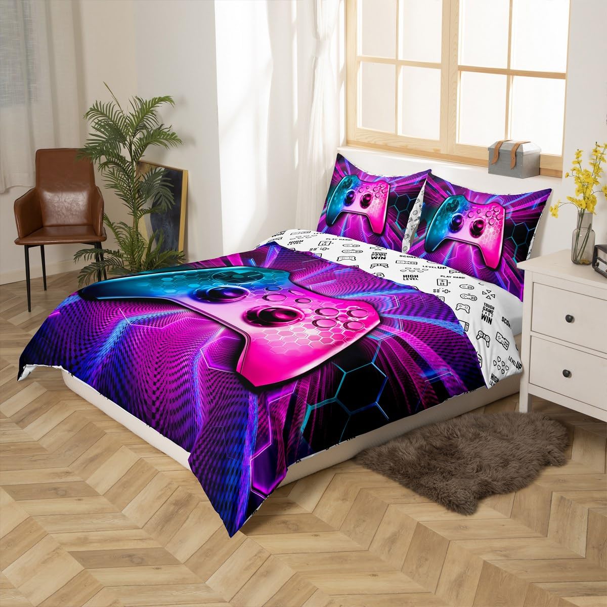 Gaming Gamepad Kids Duvet Cover Set Queen Size,Video Games Controller Fashion Bedding Set,Boys Girls Men Room Decor,Geometric Honeycomb Hexagon Comforter Cover,Blue Purple Quilt Cover,2 Pillowcases