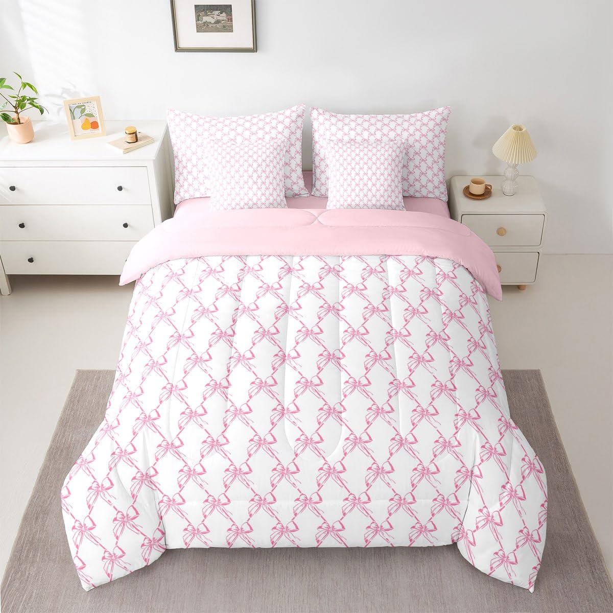 Erosebridal Girls Bowknot 7 Piece Comforter Set King Size | Cute Pink Bow Coquette Bedding Set Girly Bow Tie Comforter Dreamy Princess Style Sheets Butterfly Knot Aesthetic Quilt Room Decor
