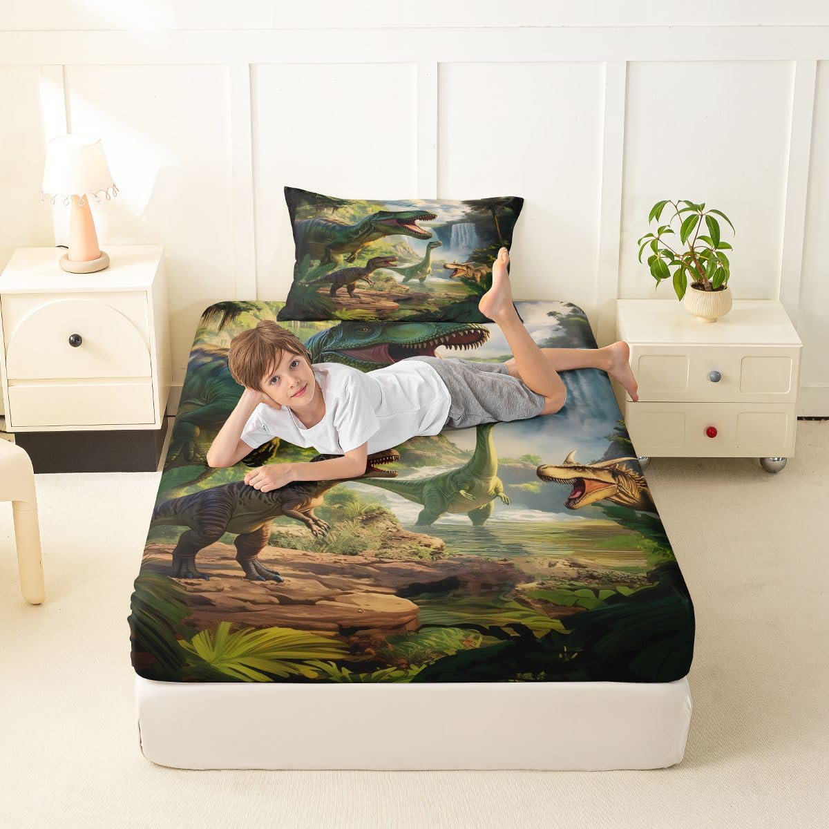 Feelyou Dinosaur Bed Sheets Set Twin Size 3D Digital Print Bed Set Jungle Dino Deep Pocket Fitted Sheet Wild Animal Breathable Soft Lightweight Microfiber Green White Brown
