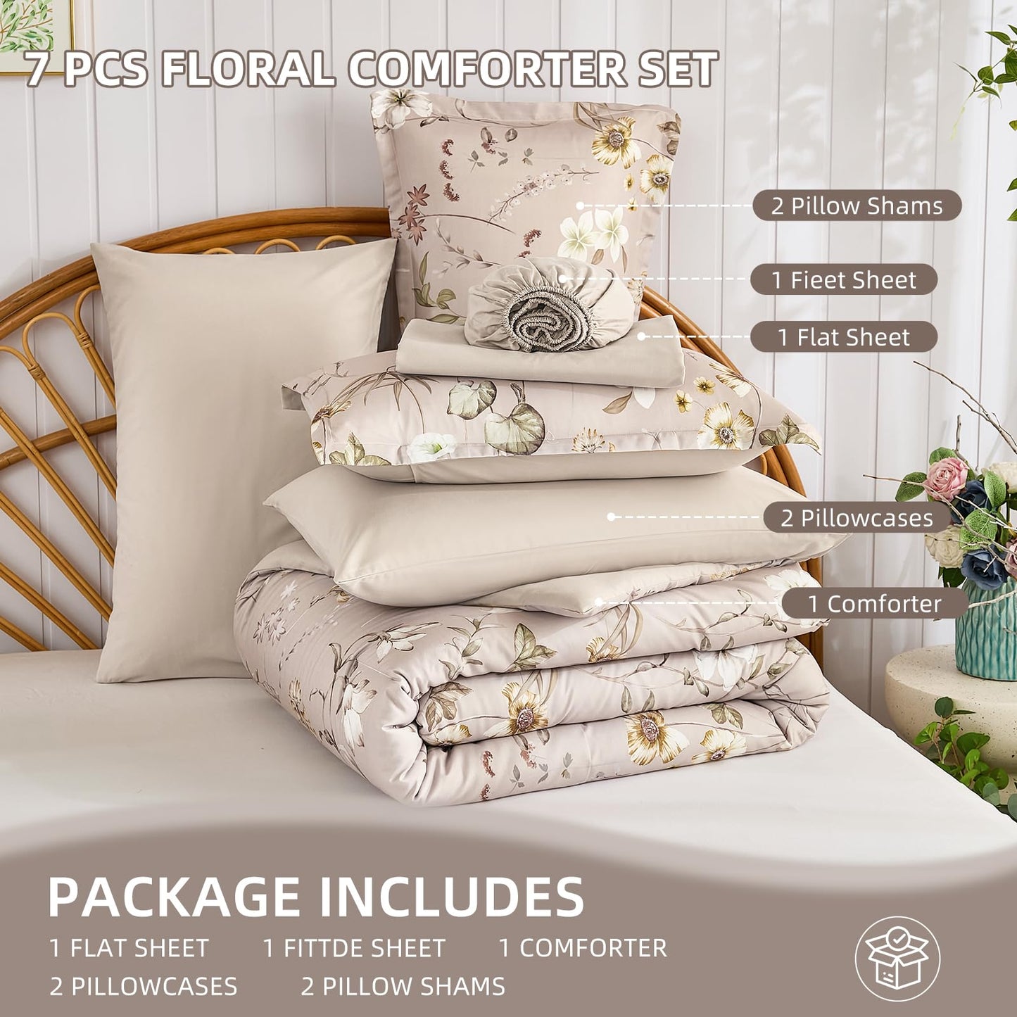 DJY King Size Comforter Set,Taupe Botanical Floral Bedding Comforter Sets King for All Seasons, 7 Pieces King Bed in a Bag Lightweight Microfiber Comforter Set with Sheets Pillowcases & Shams