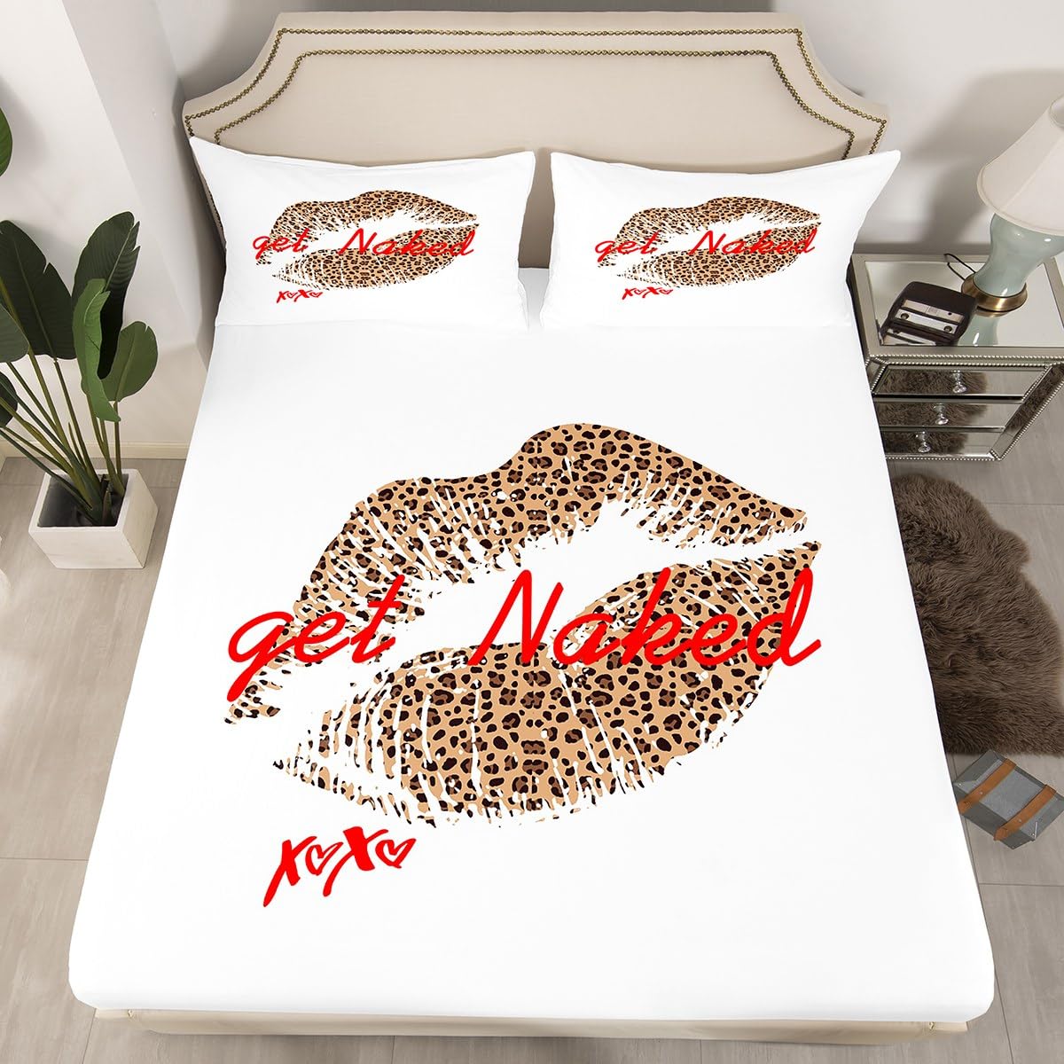 Funny Get Naked Fitted Sheet & Pillow Sham Set for Girls Lady Women Leopard Pattern Lips Bedding Set Lover Romantic Bed Sheet Set Room Decor White Red Brown Kiss Bed Cover No Flat Sheet Full Size