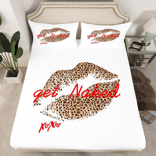 Funny Get Naked Fitted Sheet & Pillow Sham Set for Girls Lady Women Leopard Pattern Lips Bedding Set Lover Romantic Bed Sheet Set Room Decor White Red Brown Kiss Bed Cover No Flat Sheet Full Size