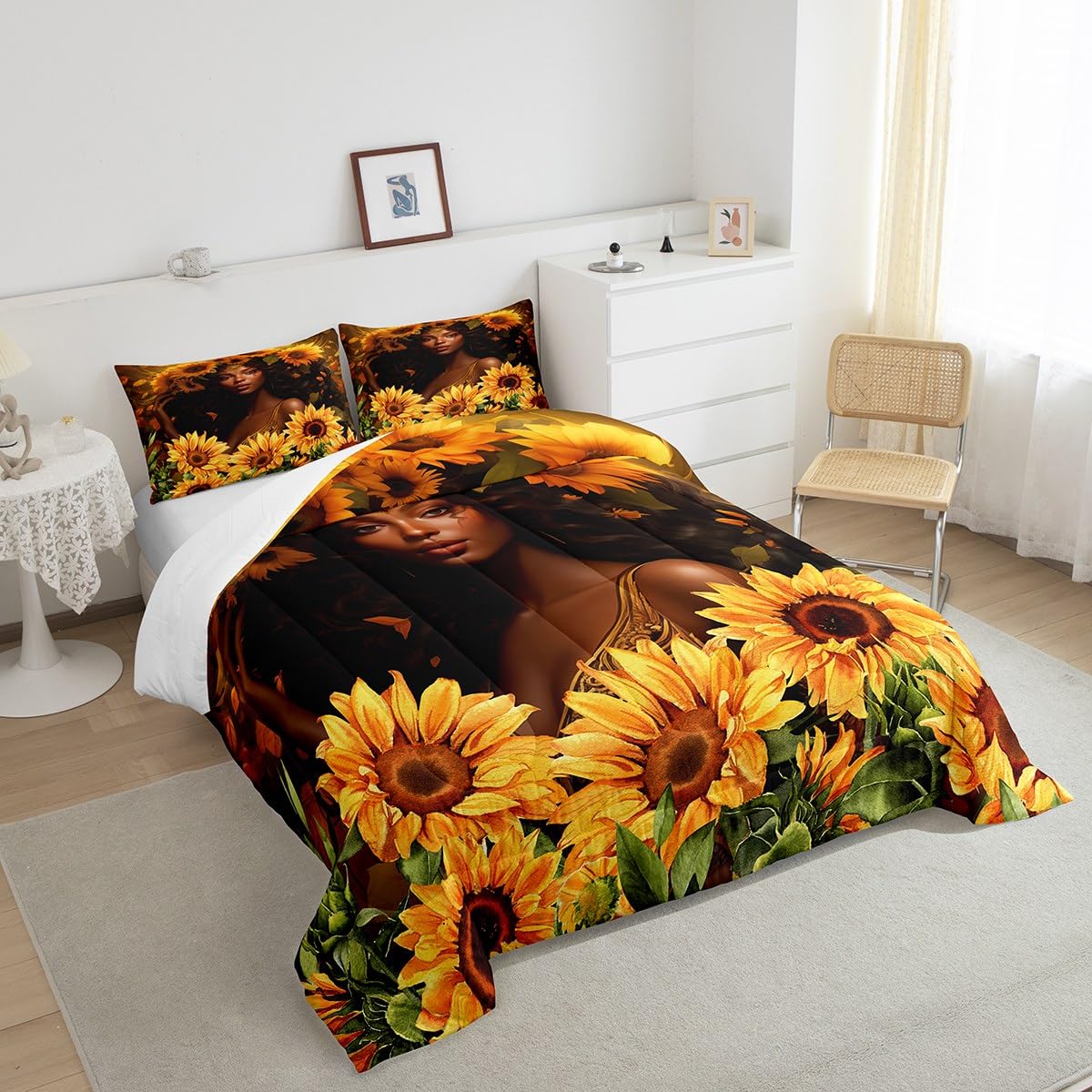 Black Girls Bedding Set Queen Size,American African Beauty Comforter Set for Kids Women Teens Adult Bedroom Decor,3D Sunflower Plants Quilt Set Nature Romantic Duvet Insert 3Pcs,2 Pillowcases