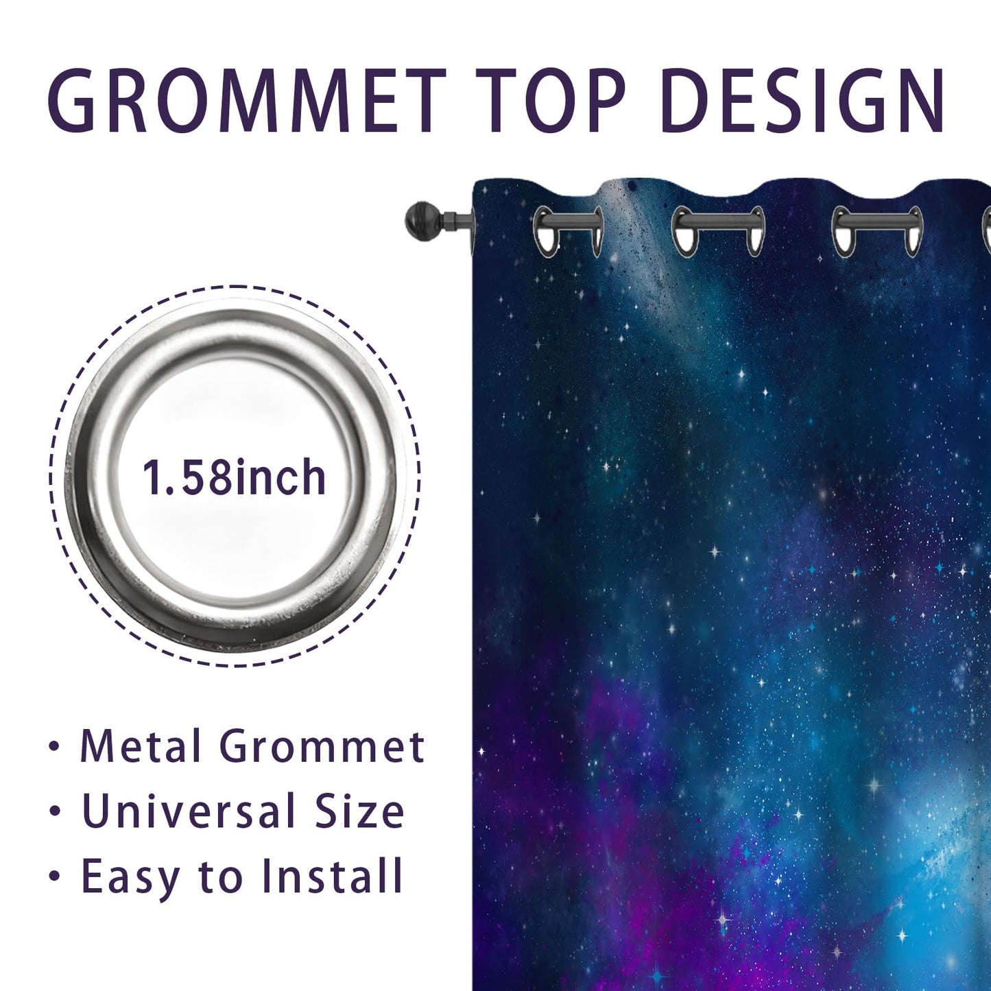 keepitcozi Galaxy Space Blackout Curtains for Bedroom Living Room Outer Nebula Universe Starry Sky Stars Decor Grommet Thermal Insulated Darkening Window Drapes 2 Panel Set, 52Wx63L