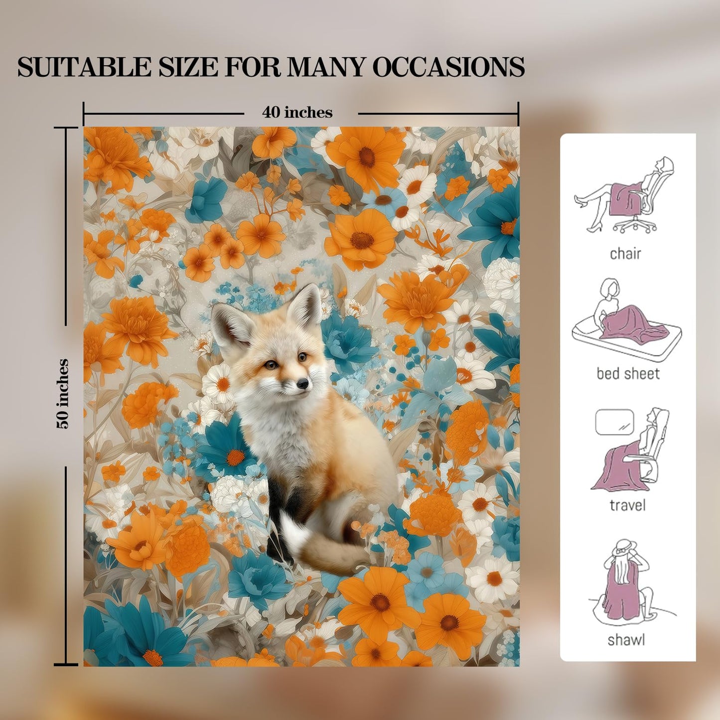 Fox Blanket Fox Decor Cozy Animal Throw Super Soft Plush Flannel Fleece Blanket Gift for Kids Adults Men Women Ultra Warm & Lightweight Flannel, 50"X40"