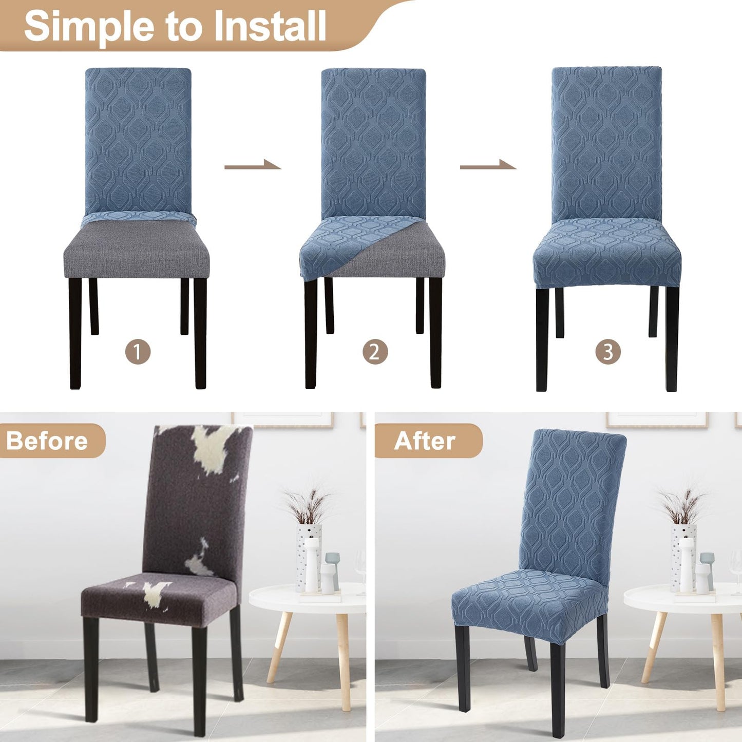SearchI Dining Room Chair Covers Set of 4, Stretch Jacquard Parsons Chair Slipcovers Spandex Removable Washable Kitchen Chair Protector Cover for Dining Room, Hotel, Ceremony (Gray-Blue Geometric)