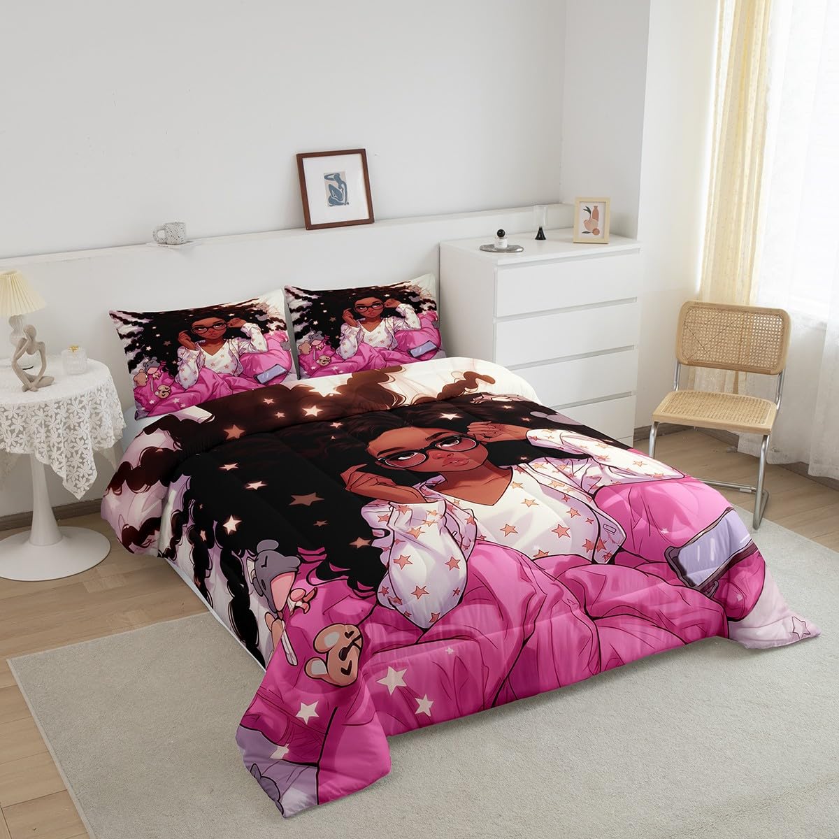 Manfei Black Princess Girlish Kids Comforter Set Full Size,Shiny Stars Dreamy Bedding Set,Girls Women Room Decor,African Amercian Theme Girls Down Comforter,Pink Romantic Duvet Insert,2 Pillowcases