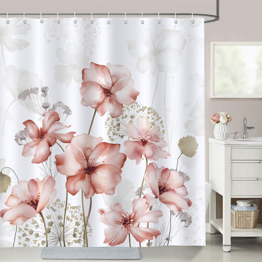 Bonhause Blush Pink Floral Shower Curtain, Watercolor Flower Plants Modern Minimalist Bathroom Decor 72x72 Inch Polyester Fabric Waterproof Bath Curtain with 12 Hooks