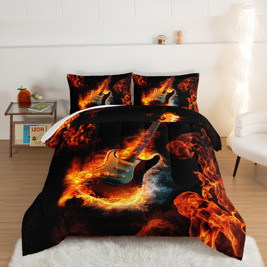 UEVBF Electric Guitar Bedding Set Queen Size,Vintage Guitar with Flames Bedding Comforter Sets,Music and Art Themed Bed for Kids Teens Musician Home Decor with 2 Pillowcases.