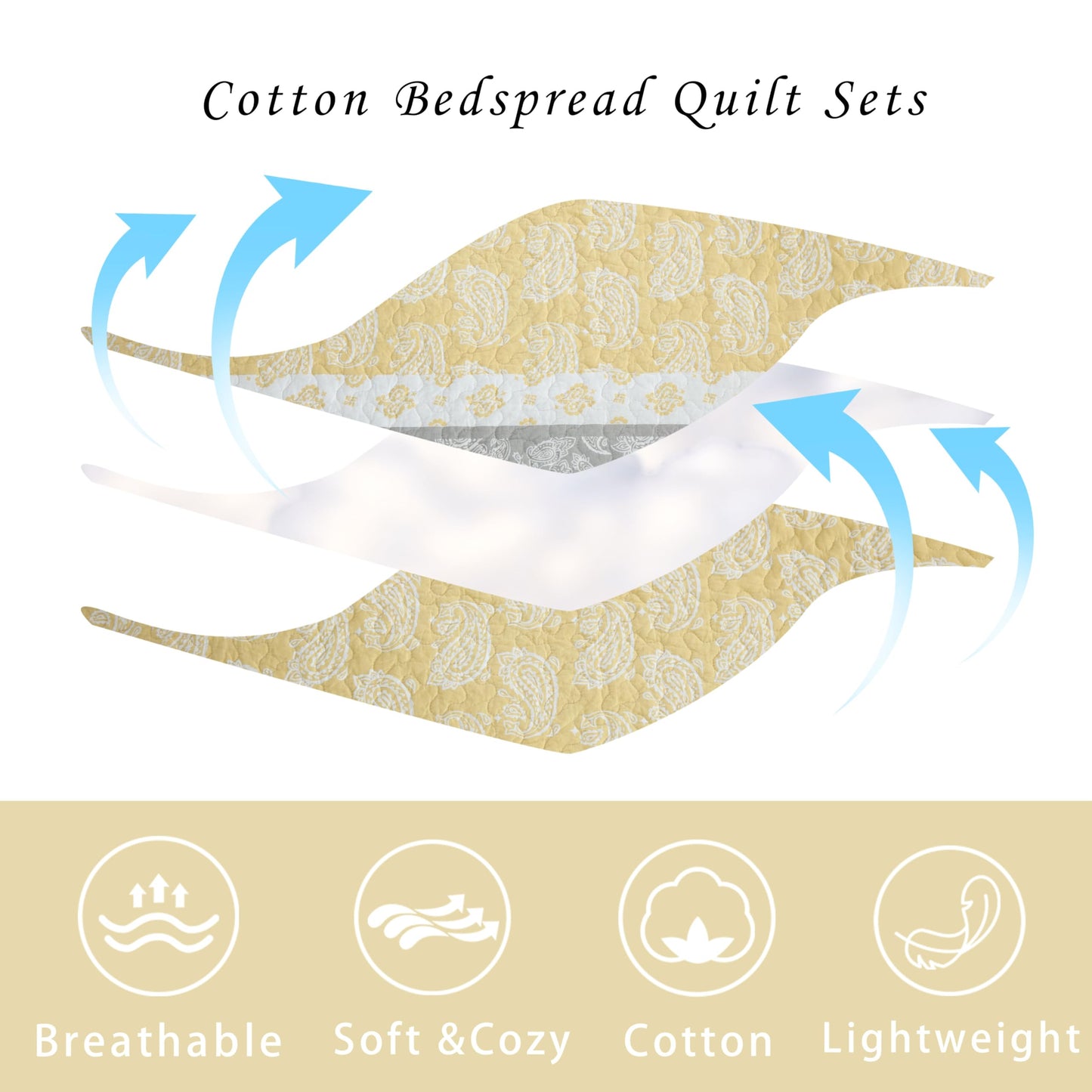 AJOCCI Yellow Quilts Queen Size, Paisley Comforter Set Queen Cotton Bed, Yellow Grey White Comforter, Striped Bedding Queen Size, Lightweight Luxury Bedspread,3 Piece