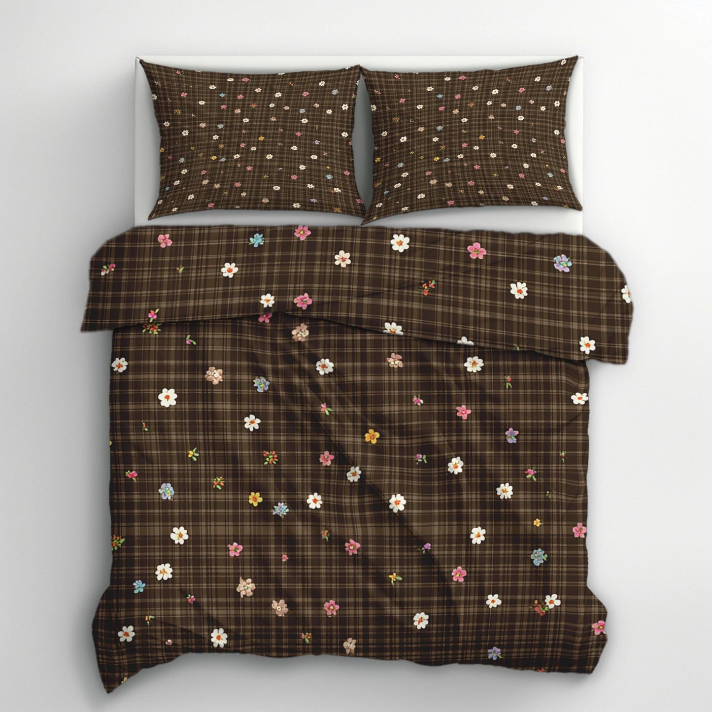 Farmhouse Floral King Size Duvet Cover Set 3 Piece, Brown Plaid Flower Reversible Bedding with 2 Pillow Shams, Zipper & Ties, Ultra Soft Microfiber, Floral Bedroom Decorations 41A-I