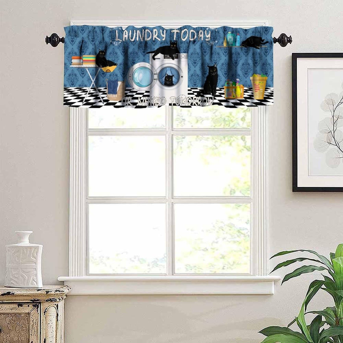 AAVEUP Laundry Room Valance Curtain Blue Abstract Rustic Plaid Black Cat Clean Clothes Drying Washing Machine Window Treatment for Bathroom Kitchen 54 x 18 in