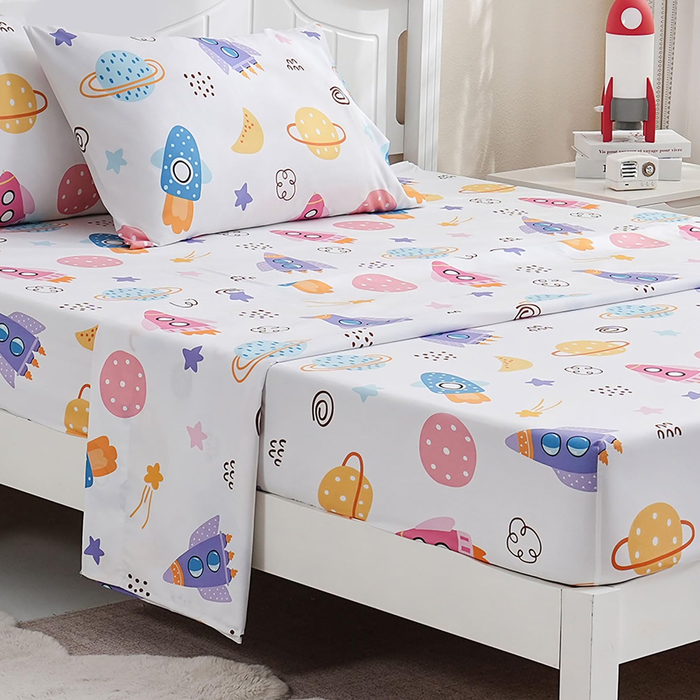 Ocharo Kids Outer Space Theme Sheet Set Twin Size,Soft Bed Sheets with Rocket Planet Printed - Fade Resistant Universe Bedding Sets 3 Pieces Breathable Deep Pocket Fitted Sheet for Boys Girls,Colorful