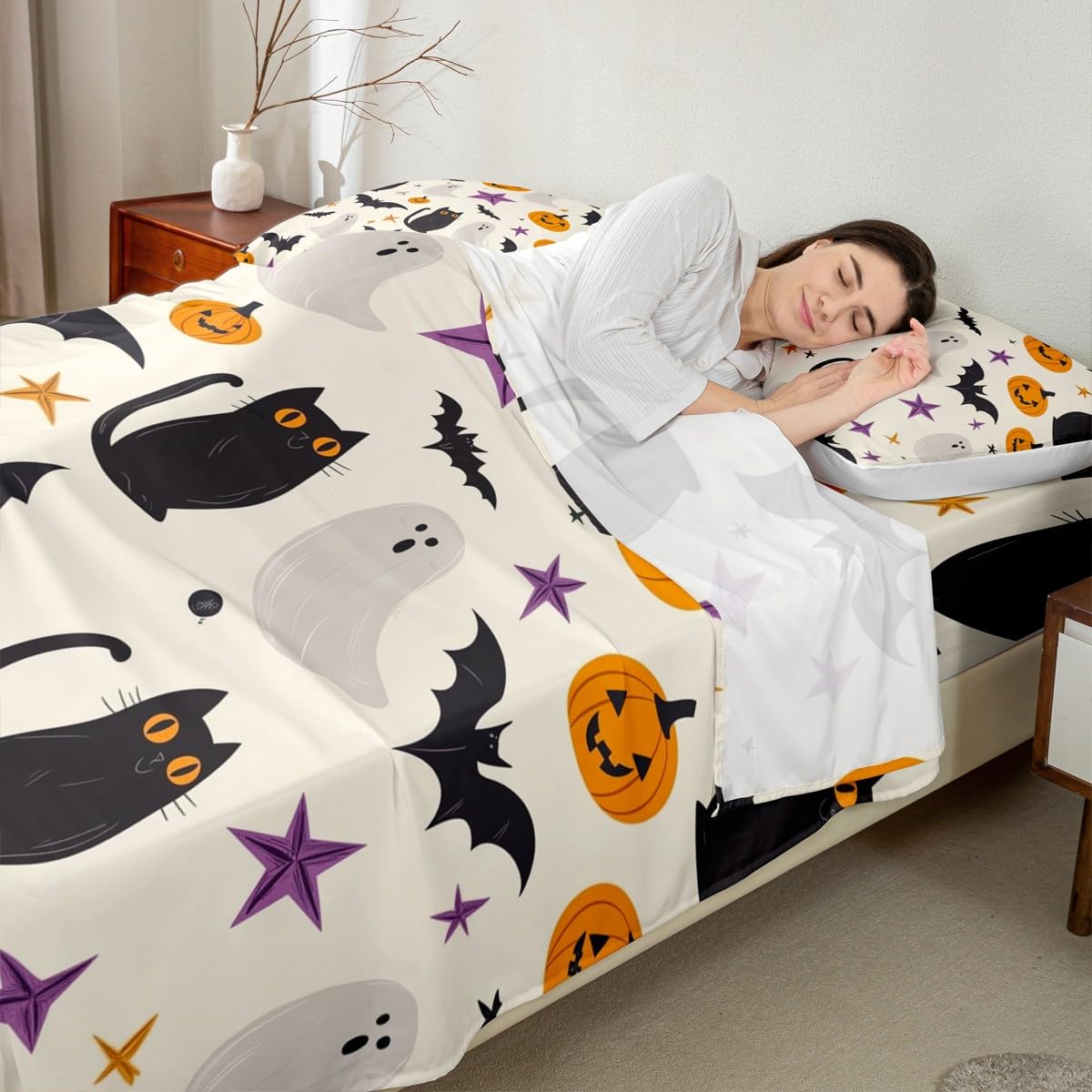 Feelyou Happy Halloween Bed Sheets Set Twin Size Cute Ghost Cat Bed Set Beige Black Orange Deep Pocket Fitted Sheet Pumpkin Lantern Bats Breathable Soft Lightweight Microfiber