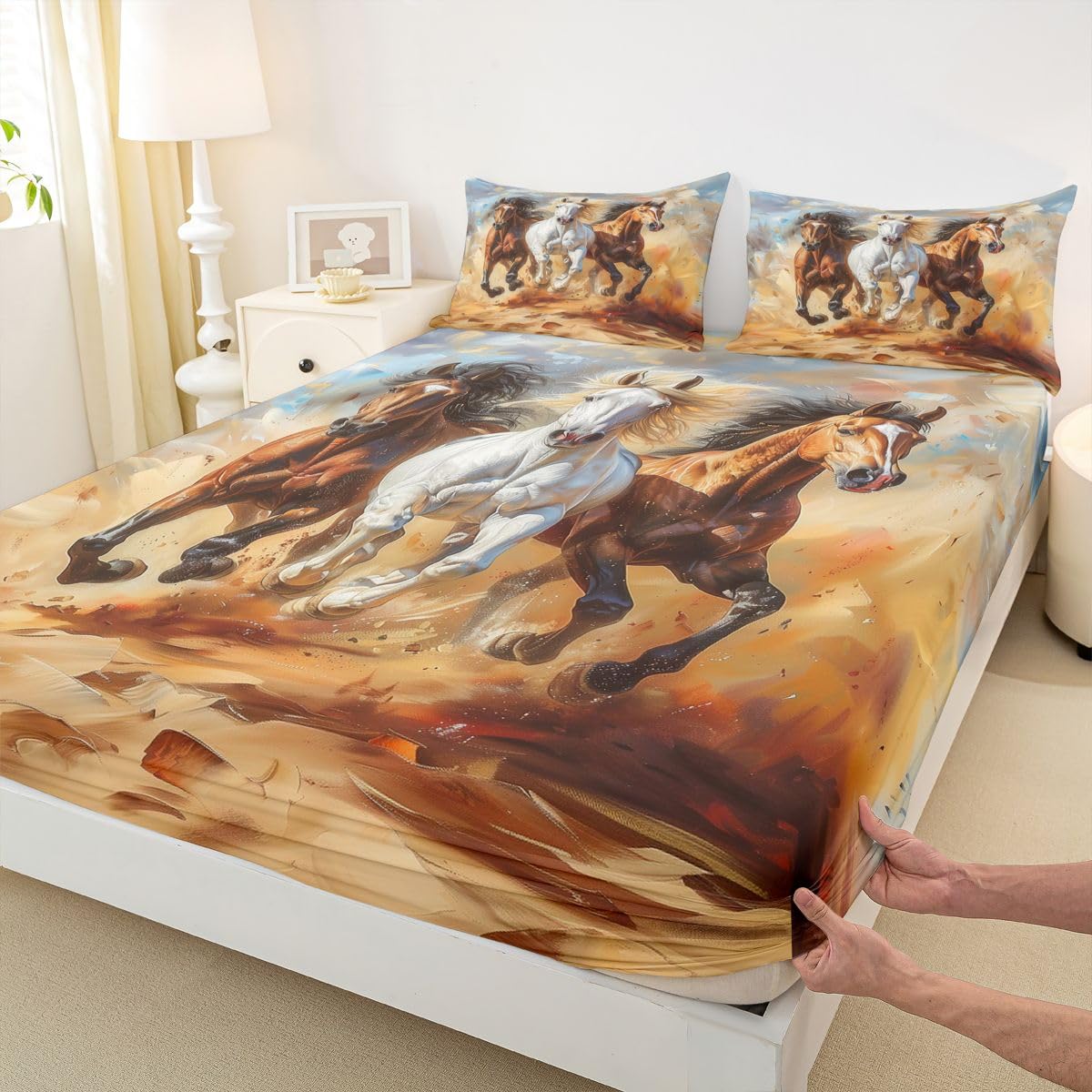jejeloiu Galloping Horse Bed Sheets Sets Queen Size Kids Boys Girls Wild Animal Bedding Set Handsome Horse Bed Sheet Set with 16-Inch Deep Pockets Western Farm Animals 4Pcs with 2 Pillow Cases