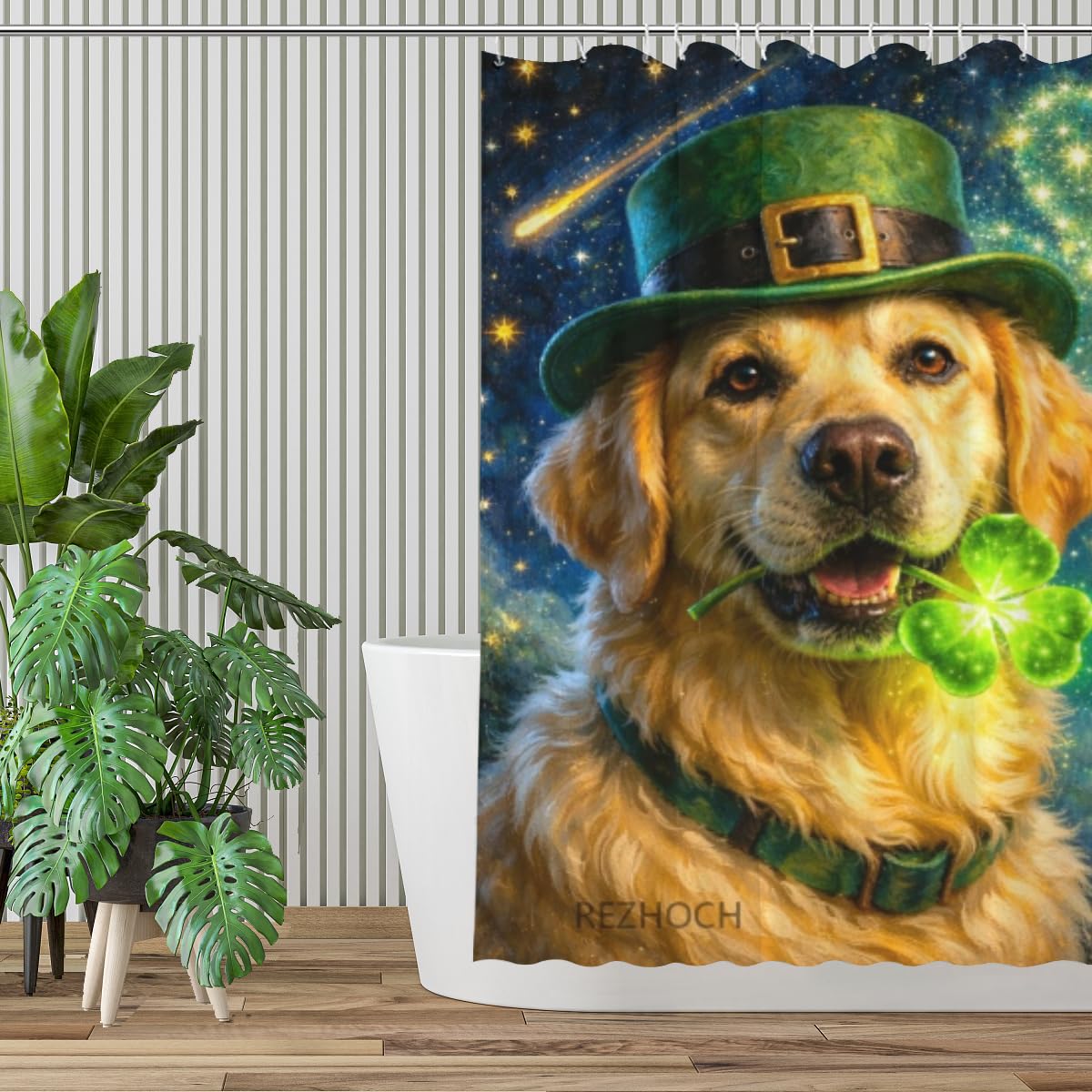 REZHOCH Funny Dog Shower Curtain Lucky Golden Retriever St. Patrick's Day Oil Painting Bath Curtain Decor Green Clover Starry Night Animal Home Bathroom Set 72x72Inch with 12 Hooks