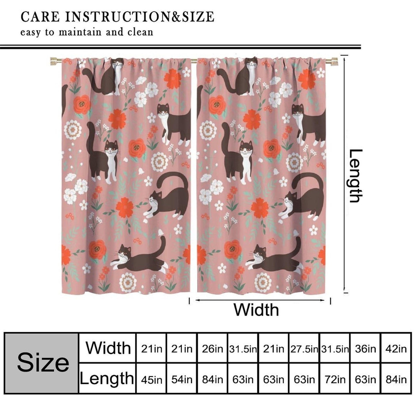 JADERYS Cat Blackout Curtains Cartoon Cute Pet Animal Red White Flowers Kids Girls Women Bedroom Living Room Bathroom Blackout Rod Pocket Decoration Window Drapes 2 Panels W21xL45in