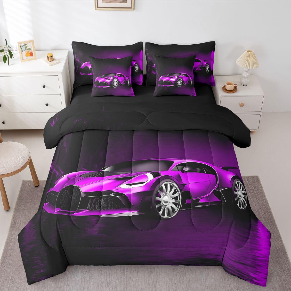 Feelyou Sports Car 7 Piece Bedding Set Purple Race Car Comforter Set with Sheets for Kids Boys Girls Extreme Sports Bed in a Bag Cool Speed Luxury Car Decor Quilt with 2 Pillowcases Queen