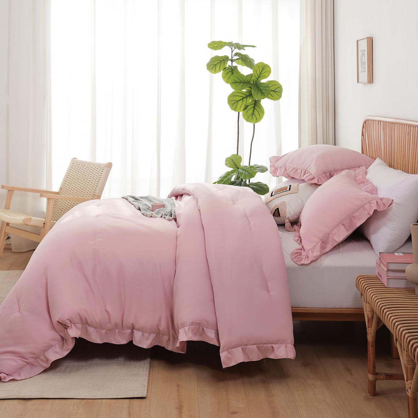 JANZAA Baby Pink Comforter Set Queen – Soft Microfiber, Lightweight All Season Bedding, Ruffle Shabby Chic Aesthetic, Breathable Cozy Bed Set with 2 Pillow Shams, Machine Washable