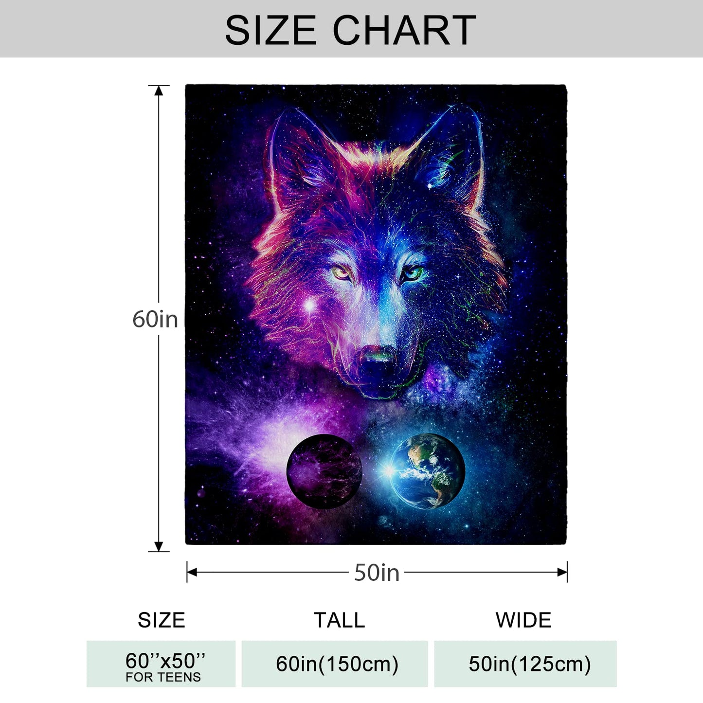Fleece Throw Blanket 50"x60", Soft Cozy Warm Fuzzy Flannel Plush Blanket Colorful Galaxy Wolf Purple Planet Blue Earth Blanket for Couch, Sofa, Bed, Living Room