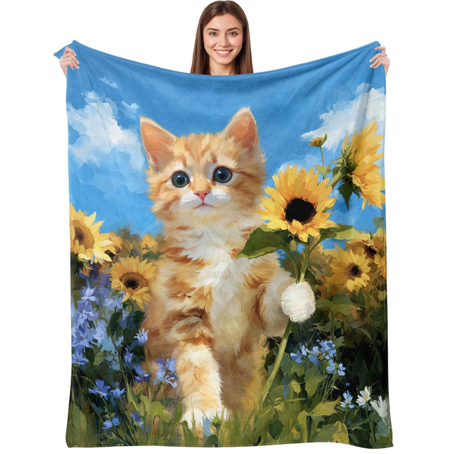 kampdream Orange Cat and Sunflower Flannel Blanket Throw, Super Soft Cozy Nap Blanket with Fun Animal Pattern for Sofa Travel and Camping, for All Seasons 50"x60" inch Yellow Blue Kitty