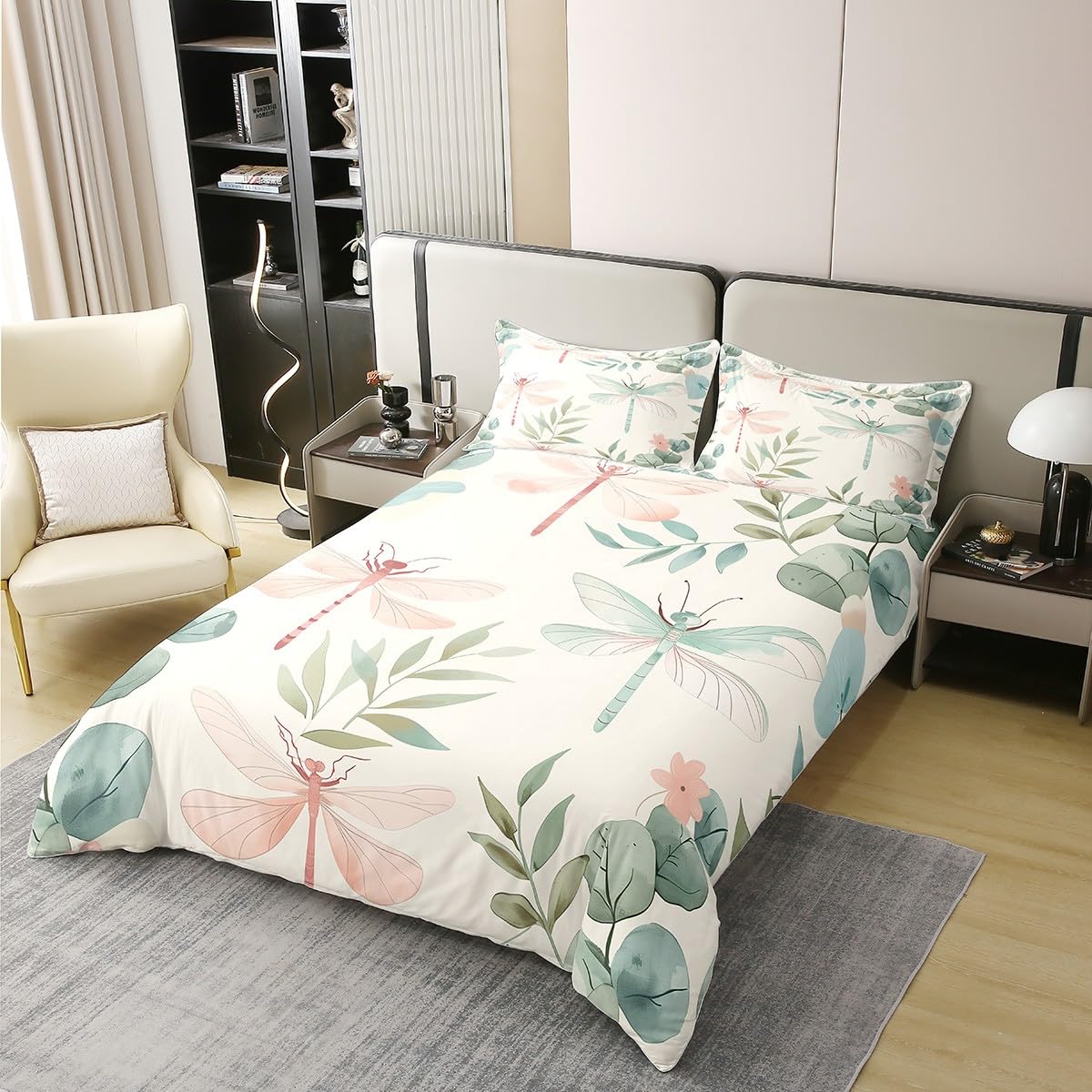Erosebridal Dragonfly Bed Set,Minimalist Style Bedspread Cover,Green Branches Leaf Duvet Cover,Rustic Natural Garden Comforter Cover for Girls Women Lady Twin Size