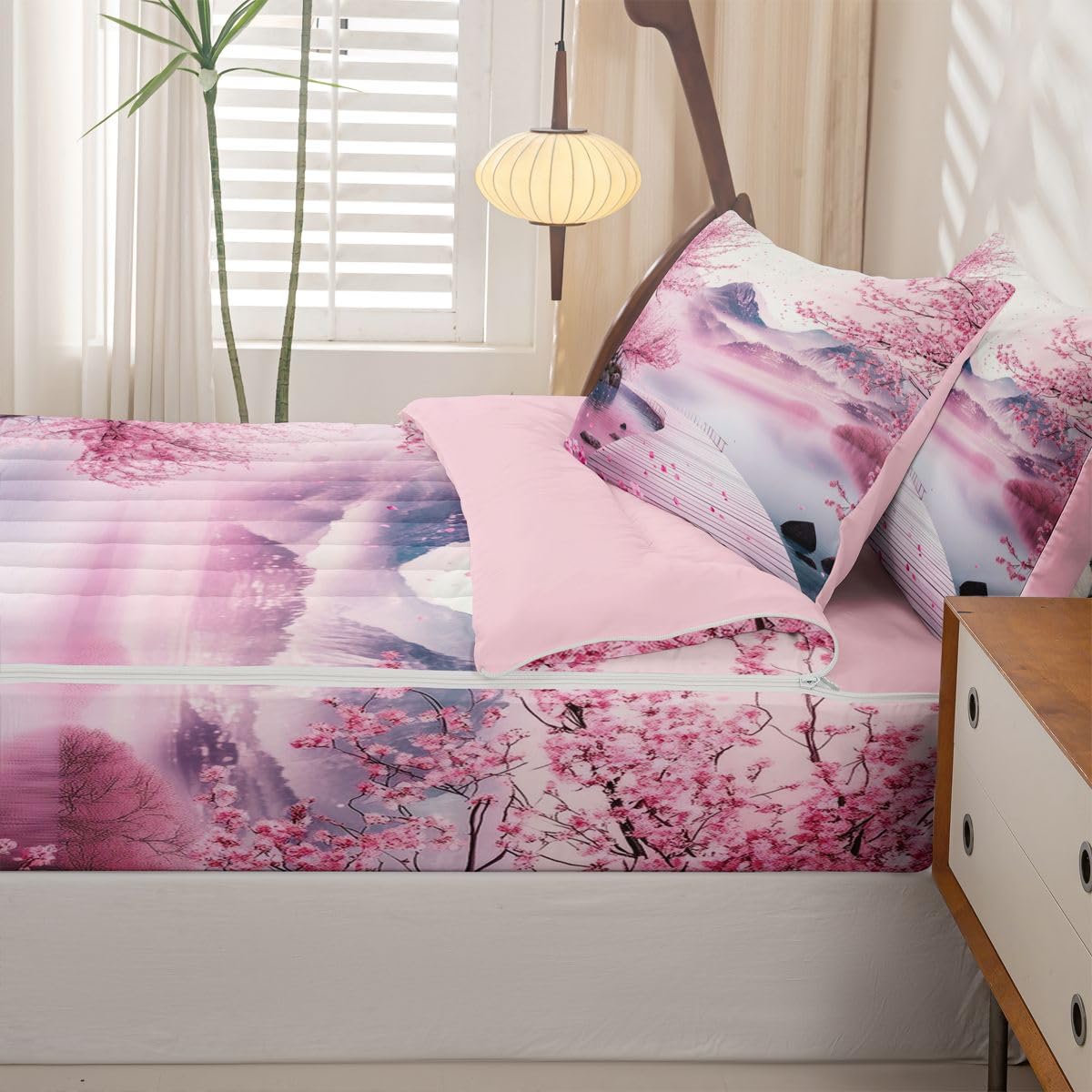 Erosebridal Pink Japanese Kids Comforter Set with Zipper, Japanese Cherry Blossom Twin Size Zipper Bedding Set, Watercolor Ink Painting Bed-in-A-Bag