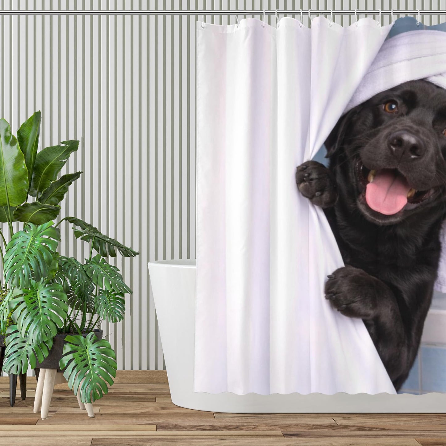 Wordatu Funny Black Labrador Dog Shower Curtain Cute Pet Animal Fabric Bathroom Decor Curtain with 12 Hooks, 72Wx72H(24661)