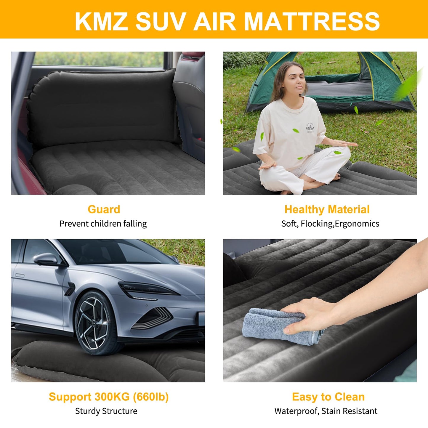 KMZ SUV Air Mattress Thickened and Double-Sided Flocking Travel Camping Bed with 2 Pillows & Electric Pump Dedicated Mobile Cushion Inflatable Bed for SUV Trunk and Rear Seat (Dark Gray)