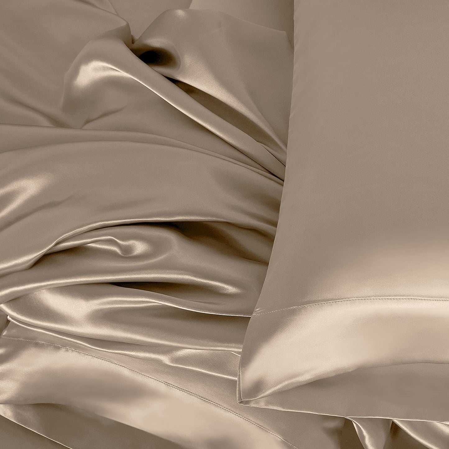 Homiest 4pcs RV Short Queen Satin Sheets Set Luxury Silky Satin Bedding Set with 10" Deep Pocket, Camper Queen Sheets, 1 Fitted Sheet + 1 Flat Sheet + 2 Pillowcases (RV Short Queen, Taupe)