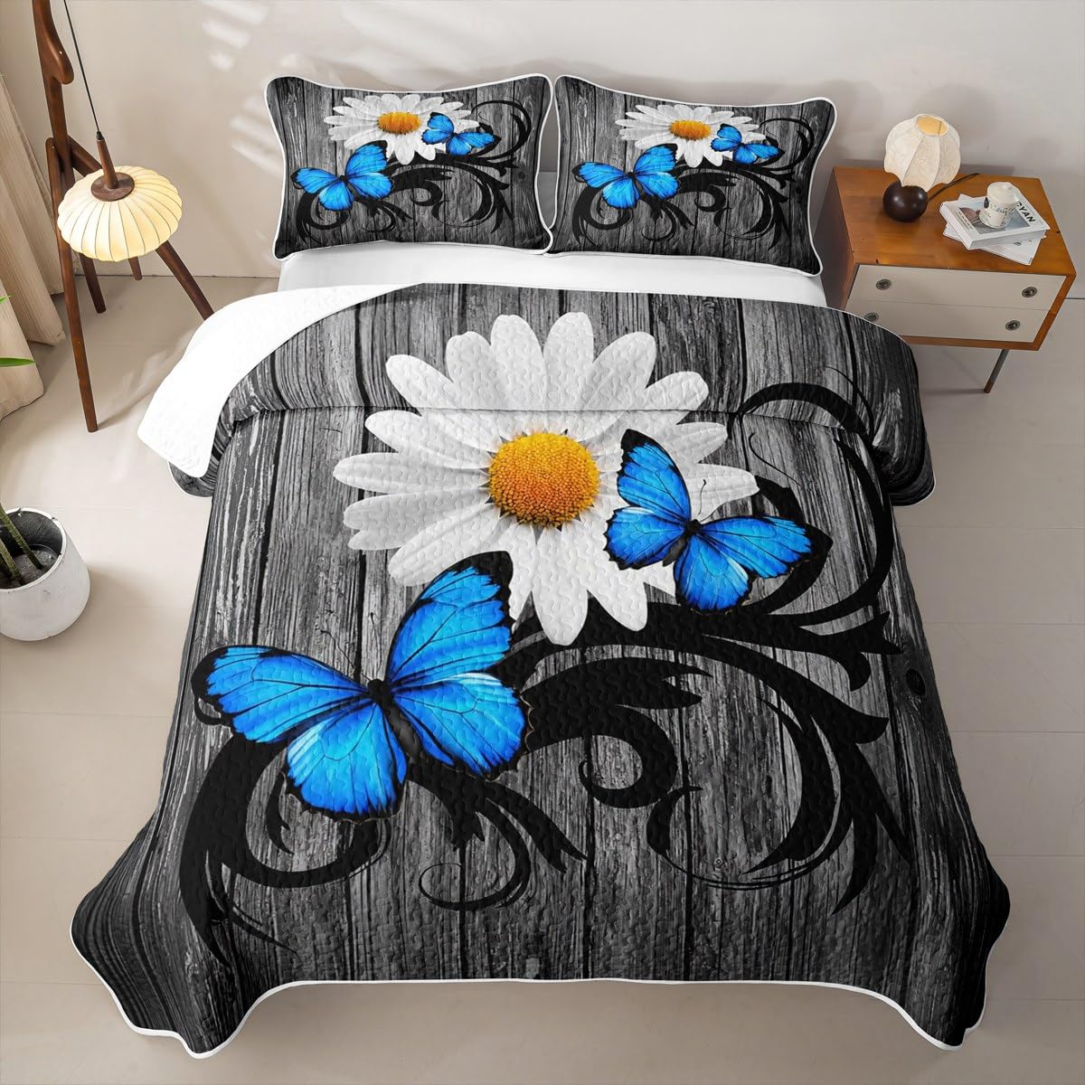 Erosebridal Daisy Quilt Butterfly Quilt Set Full Retro Wooden Planks Bedding Coverlet Rustic Farmhouse Animals Bedspread with 2 Pillowcases