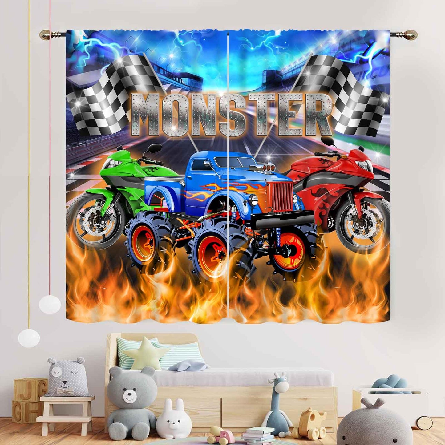 Racing Car Curtains, Cool Monster Cartoon Truck Buring Flame Colorful Race Stadium Blackout Window Drapery Treatments for Boys Kids Baby Bedroom Living Room Playroom Nursery 2 Panel Set, 42"x45" Inch