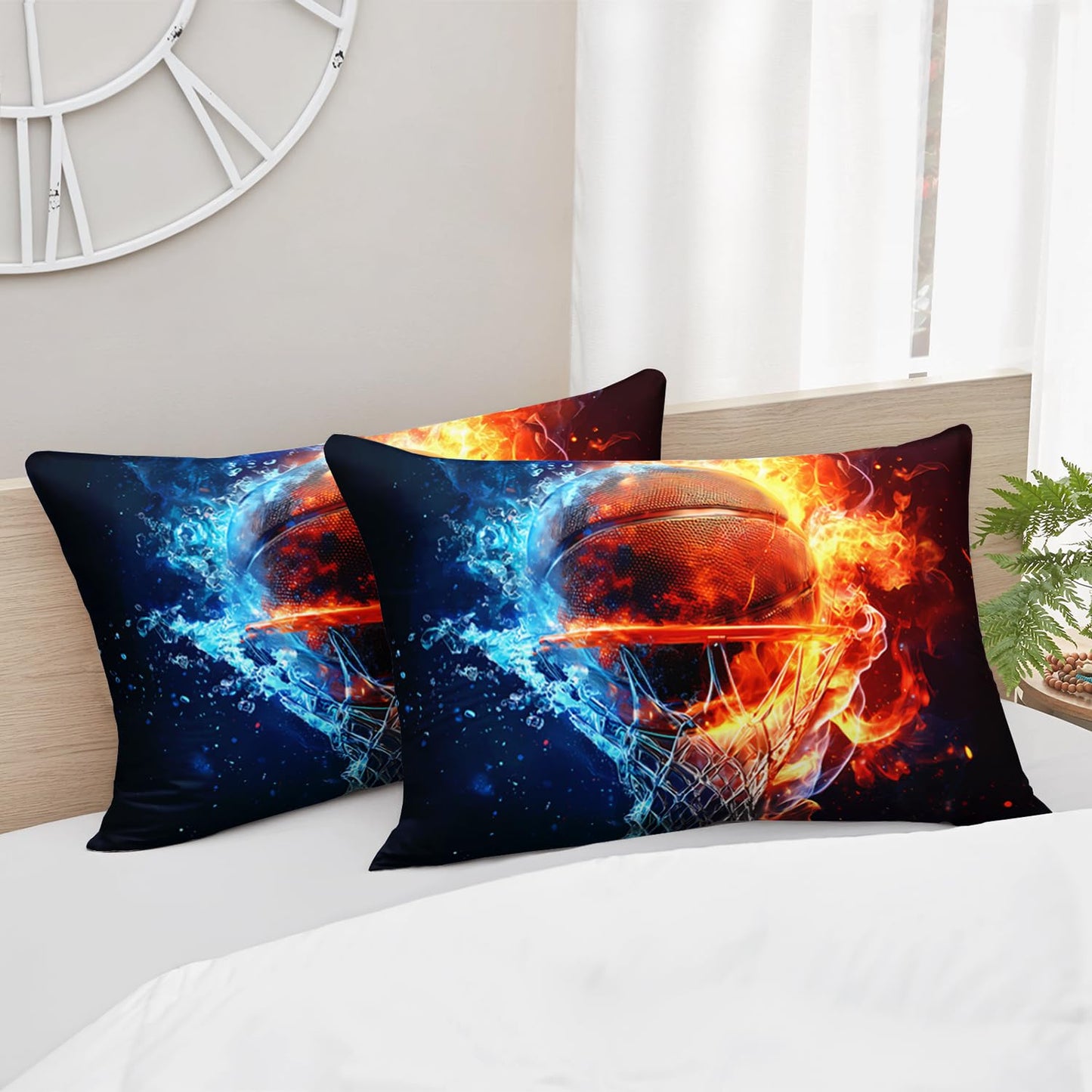 HOSIMA Fitted Sheet Queen for Kids,Basketball Wrapped in Water and Fire,Sports Bedding for Teenage Boy Room Decor,Basketball Hoop Pattern Bedding,1 Fitted Sheet+2 Pillowcases.