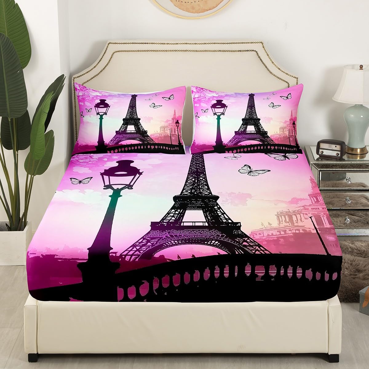 Eiffel Tower Fitted Sheet Full for Boys Kids Teens Bedroom,Fashion Paris Buildings Bedding Set(No Top Sheet),Dreamy Purple Sky Bed Sheet,French Style Bed Cover,2 Pillowcases