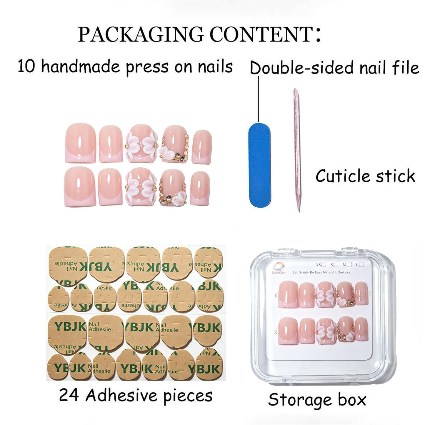 EasierGlow 10Pcs Handmade Short Square Press On Nails | Easy Apply & Remove, Reusable Salon Quality Nails | Nude Press Ons with Gold French Tips & 3D Floral Accents (Y208, S)